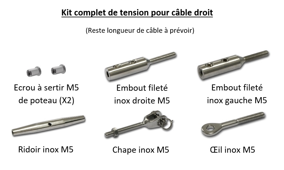 Kit 5m câble inox a4 3mm serti + tendeur sur poteau avec vis 6x50 inox a2  afg diffusion référence : ktca5mtenpo3